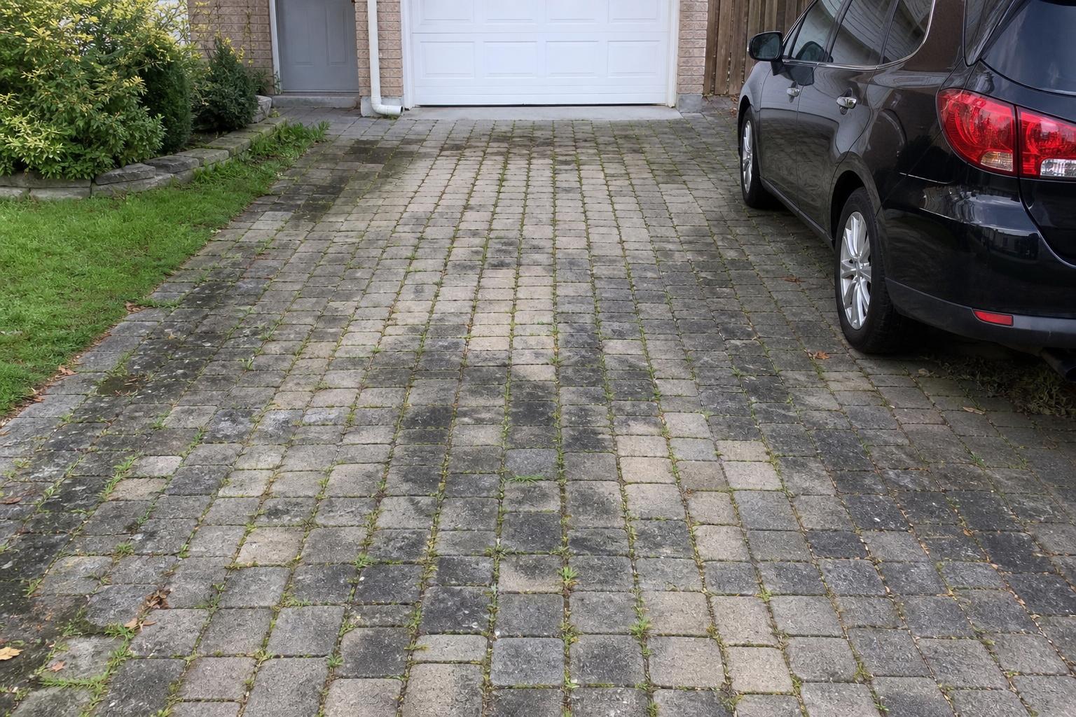 Weathered paver driveway before pressure washing