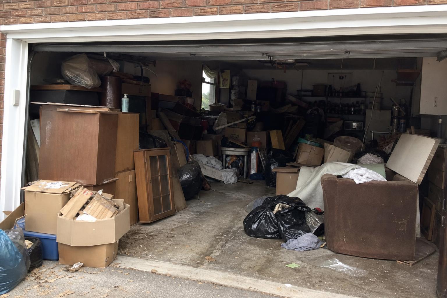 Cluttered garage before cleanout