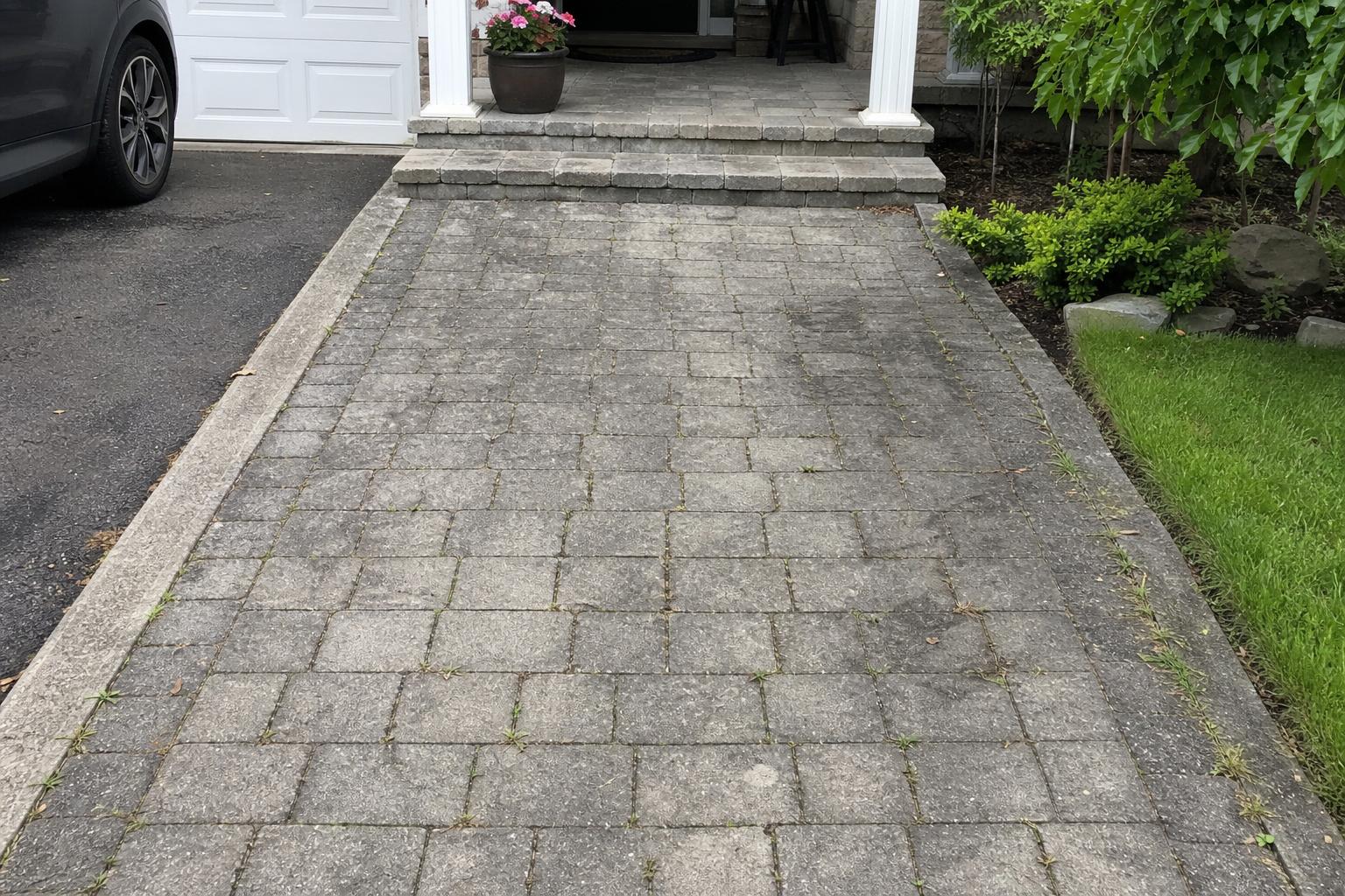 Stained front walkway before cleaning