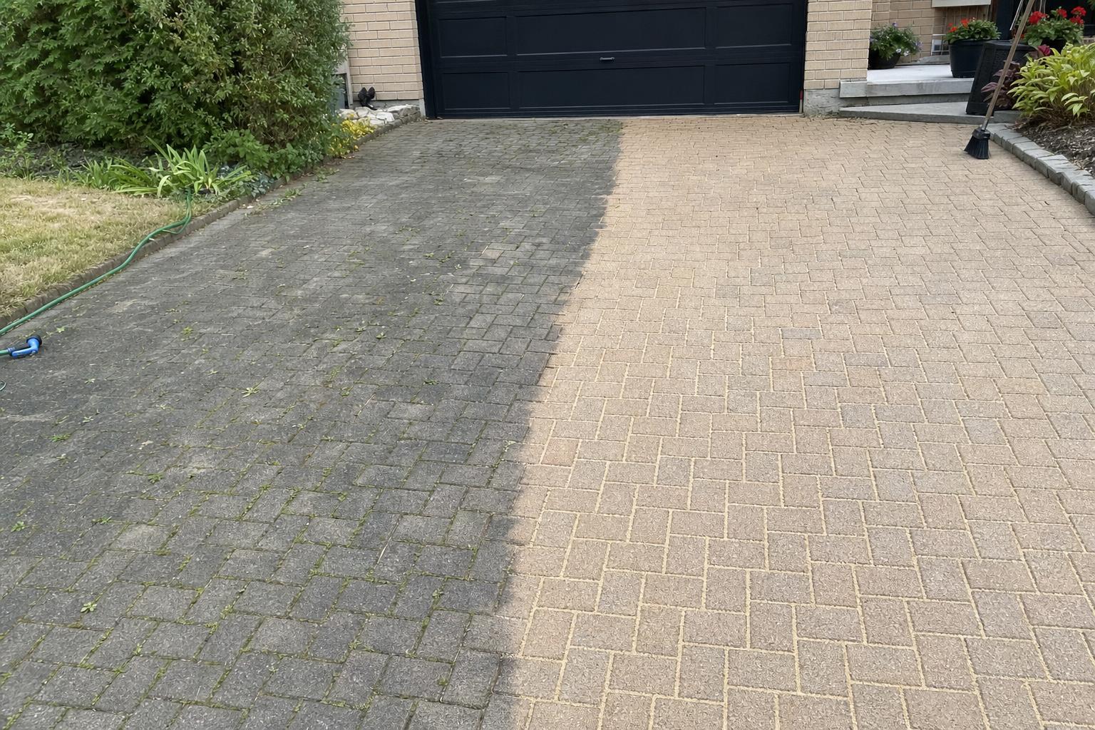 Driveway mid-restoration - one half cleaned and re-sanded
