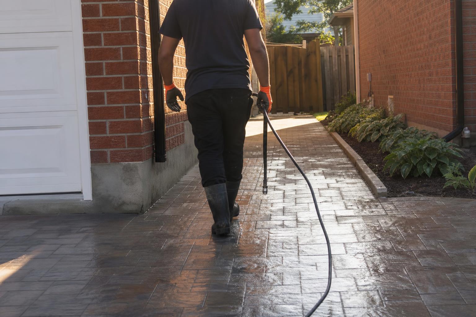 Crew member working on a driveway