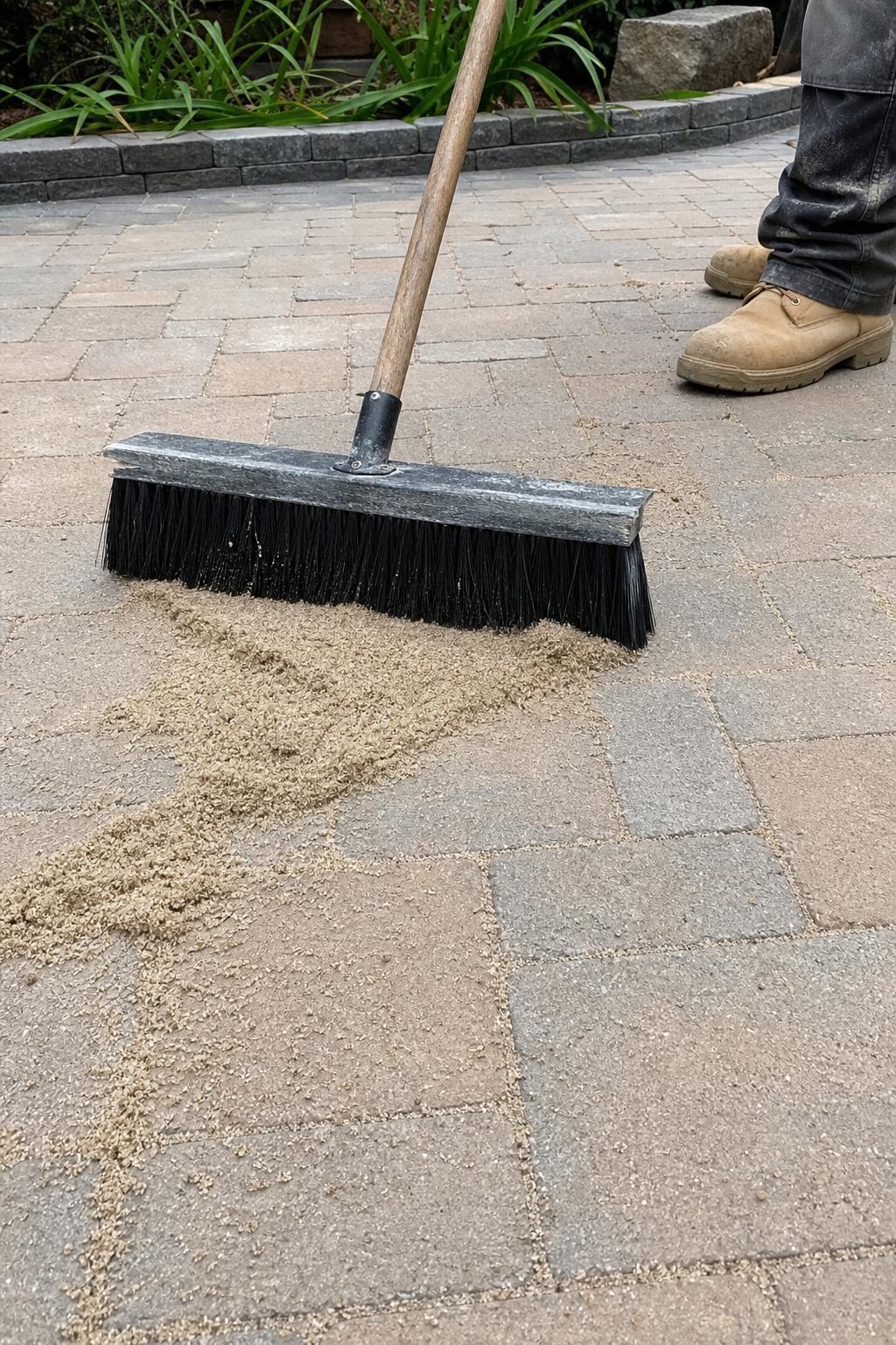 Fresh polymeric sand being swept into paver joints